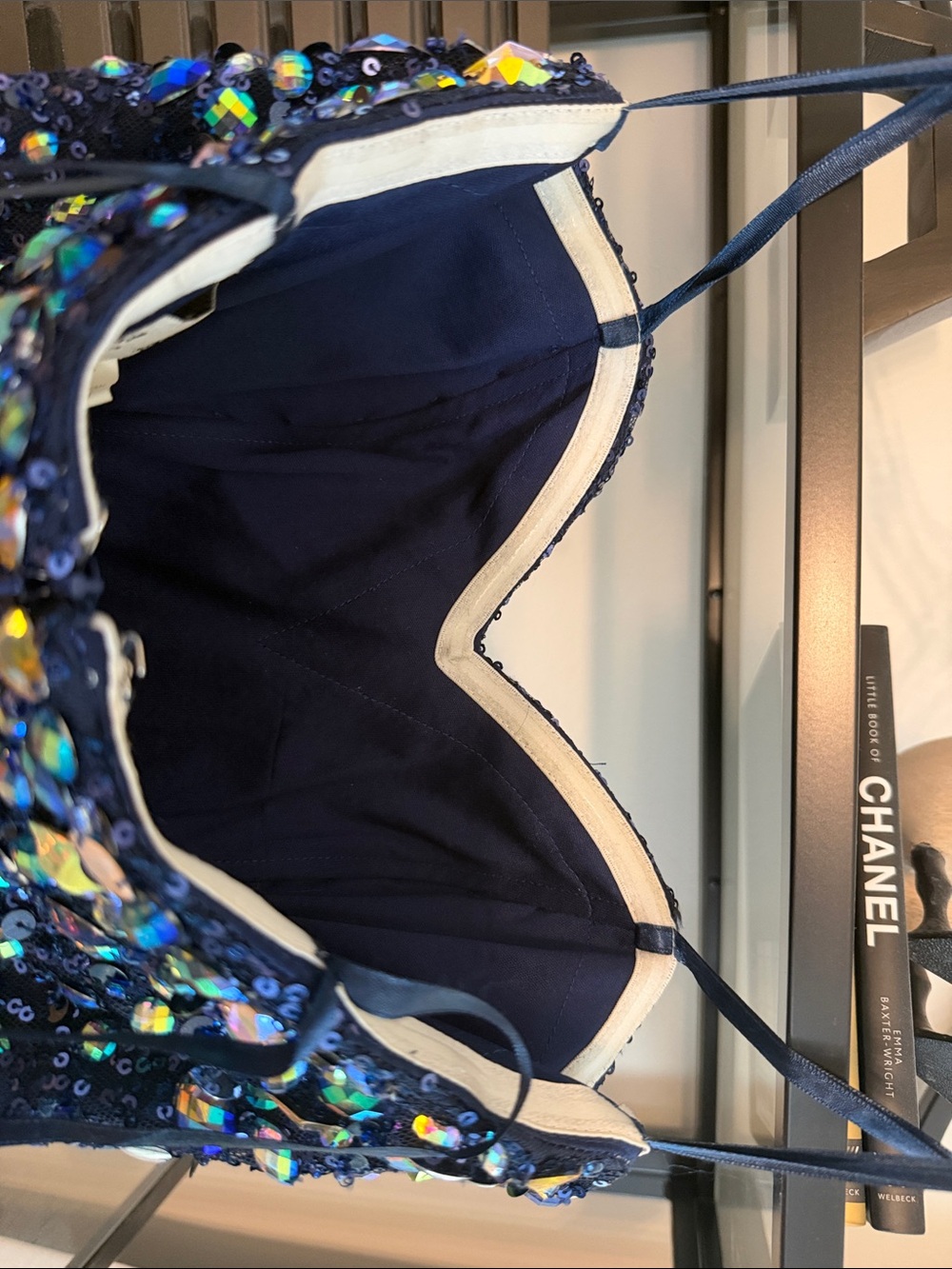 Angela & Alison Navy Blue Sequin Cocktail Dress with Iridescent Embellishments - Picture 4 of 5